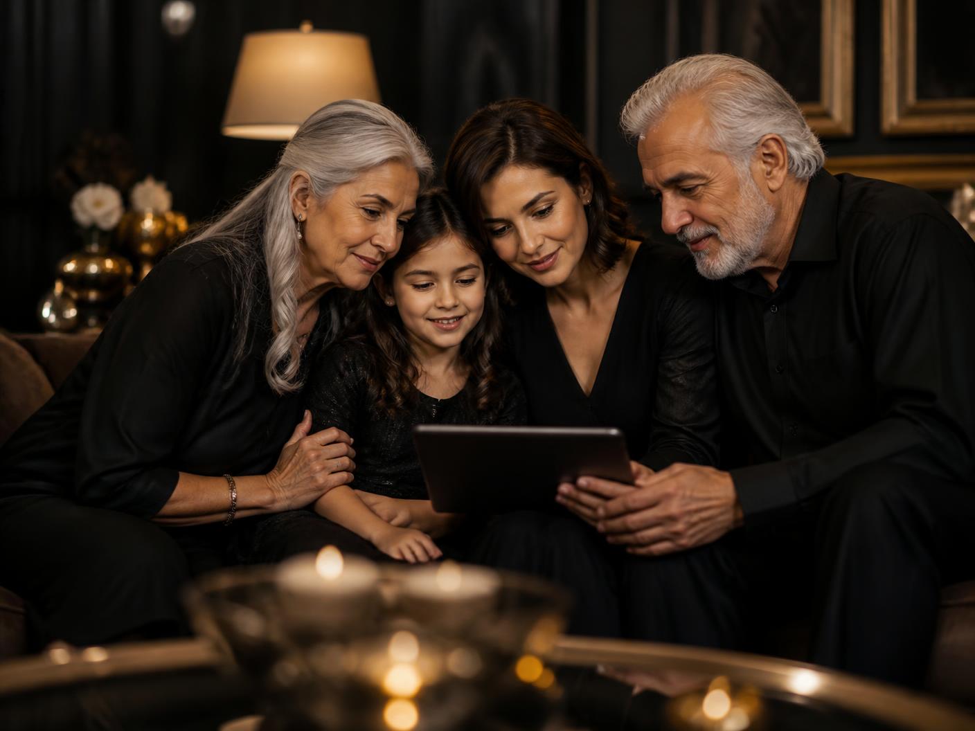 Three generations of a family watching a loved one's recorded message together