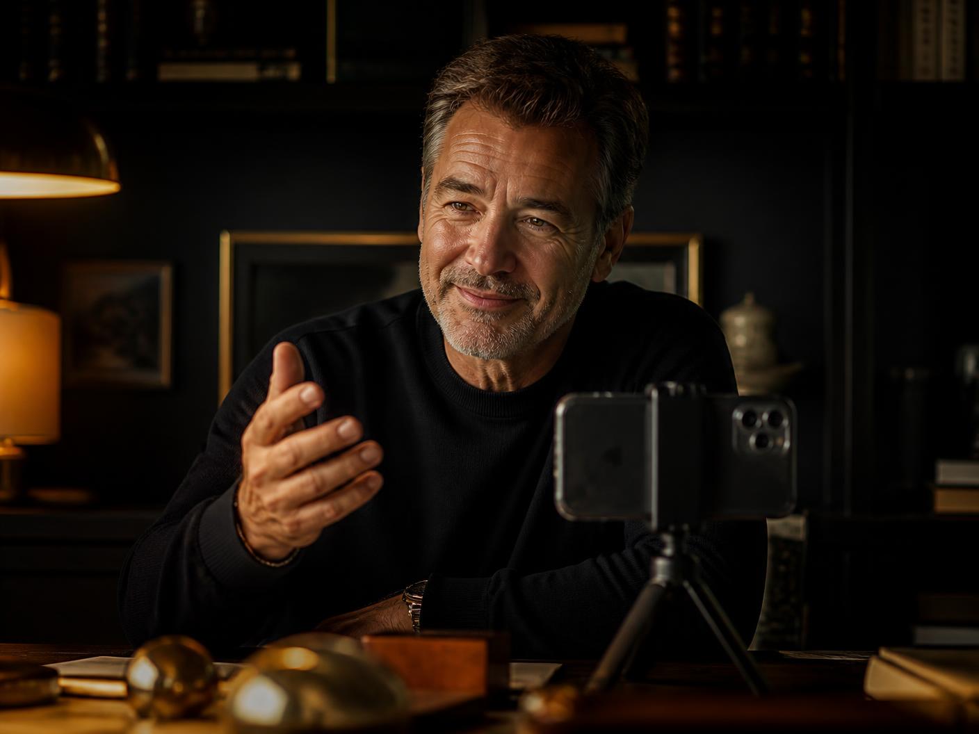 A father recording a video message for his family in a warmly lit study