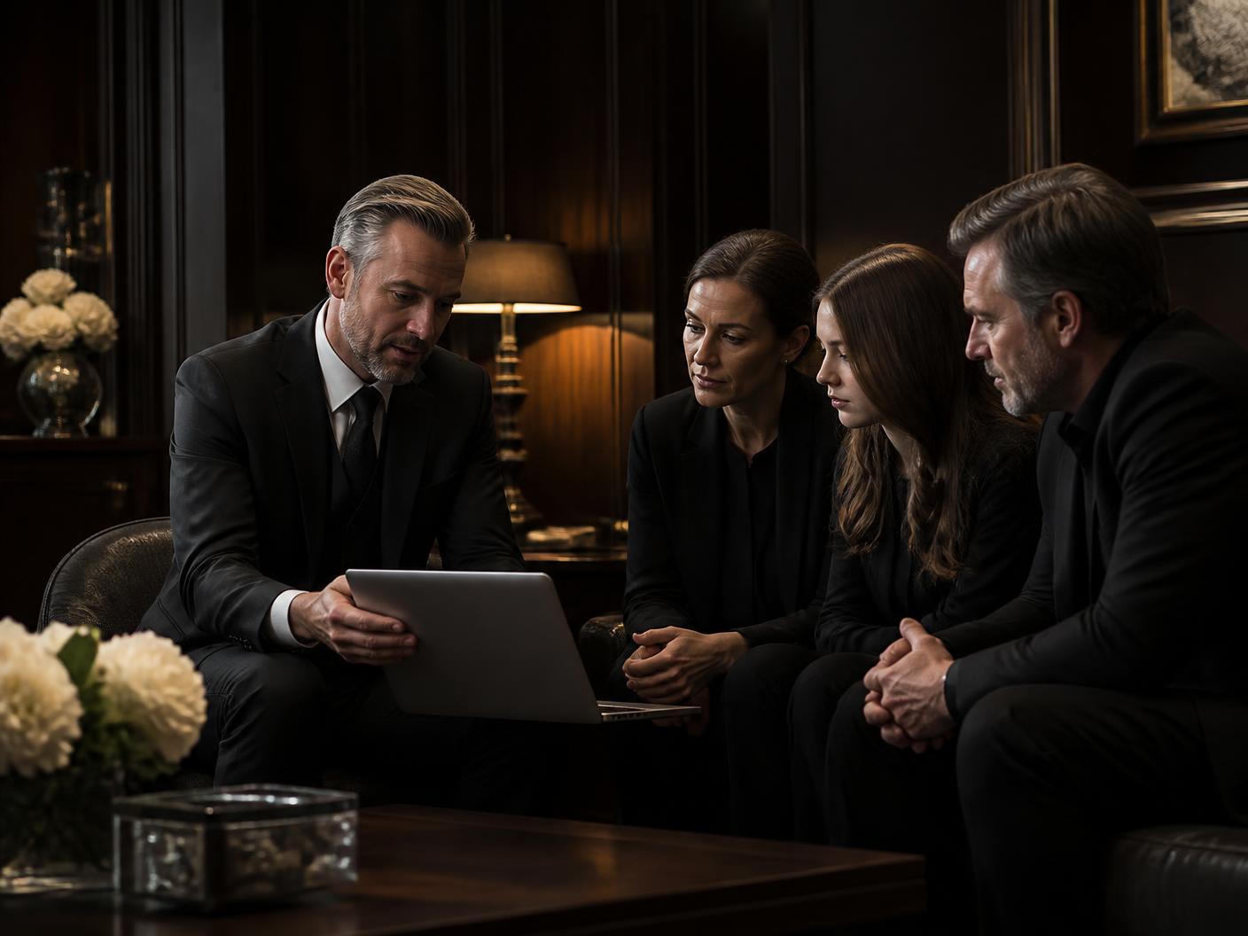 A funeral director sitting with a family as they review an Afterword memorial together