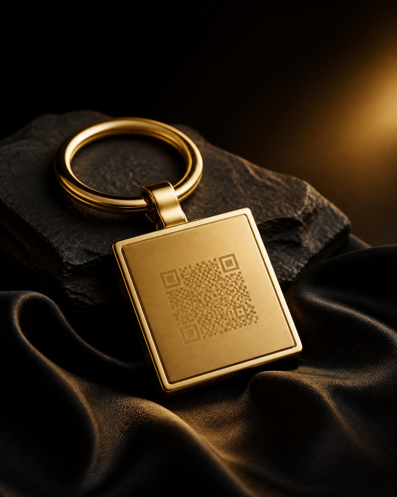 A polished gold Afterword keychain resting on black silk