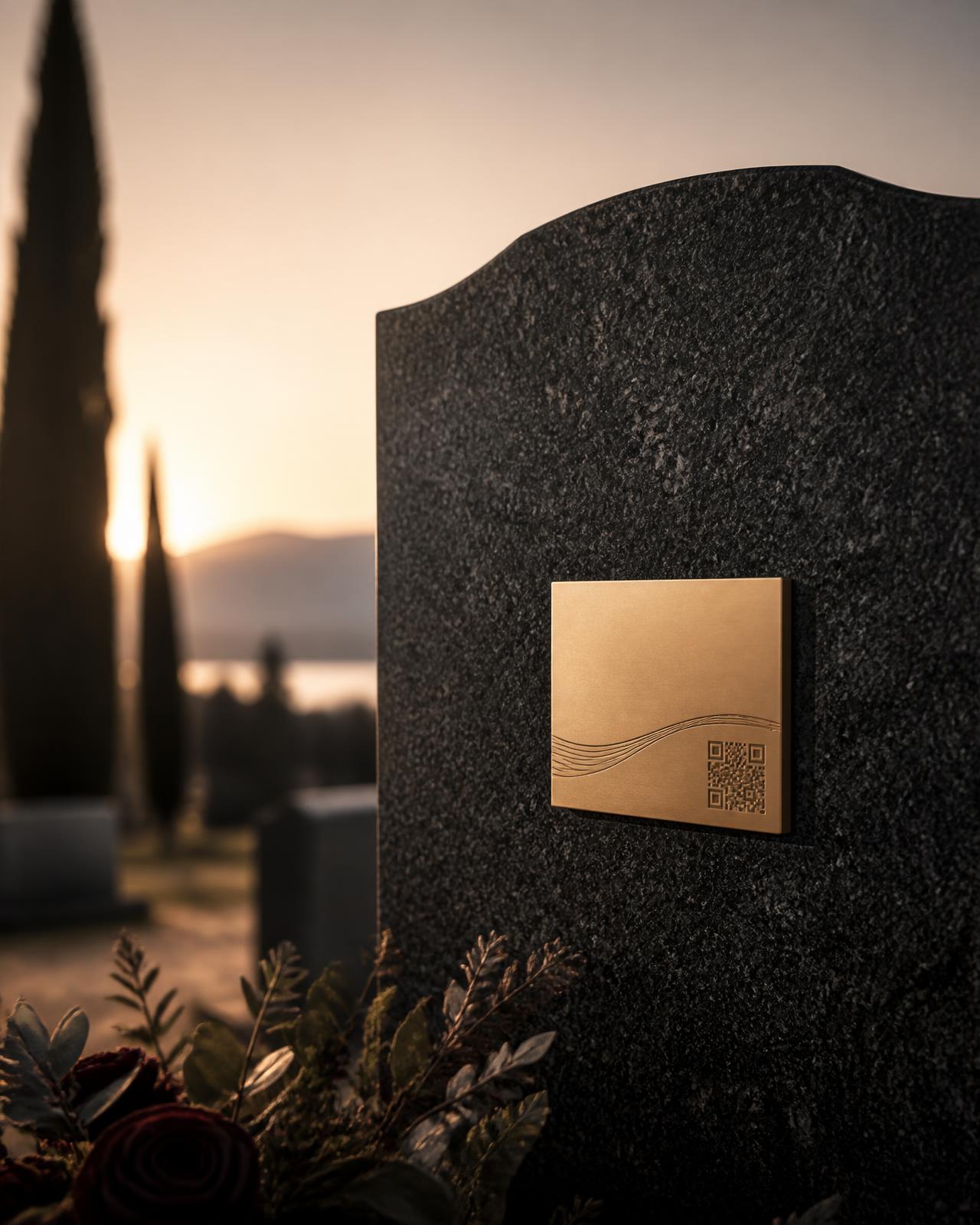 A champagne-gold Afterword memorial plaque mounted on a dark granite headstone